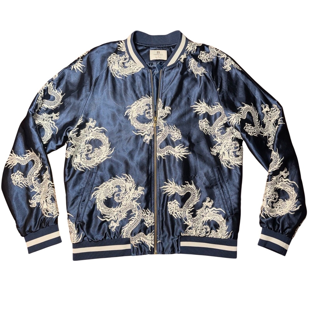 Standard Issue Navy Blue Satin Dragon Embroidered Bomber Jacket Medium